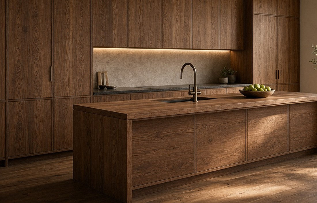 Cocina con isla en nogal